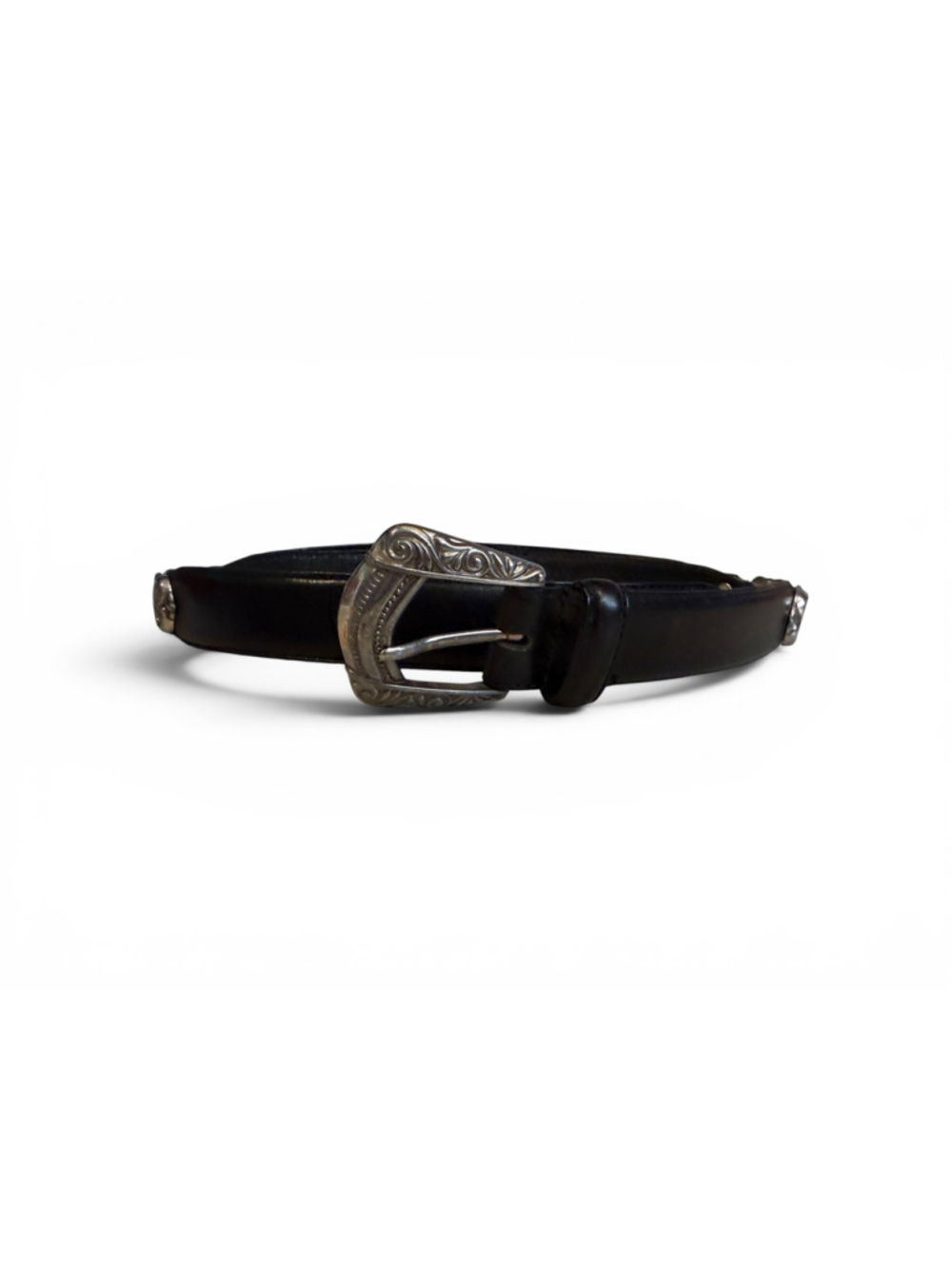 Vintage 90’s Fossil Black Leather Concho Belt Silver Western Buckle Women’s Sz M - Picture 1 of 8